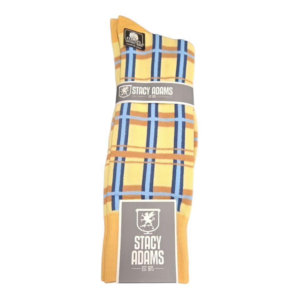 STACY ADAMS MENS PLAID PATTERN DRESS SOCK. YELLOW BLUE. SAS 355-1